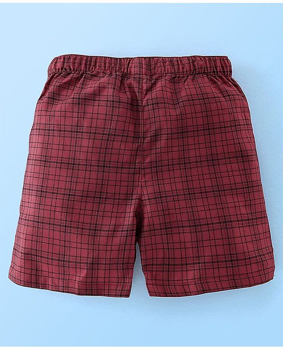 Babyhug Cotton Woven Knee Length Boxers Checks & Star Print Pack of 3 - Maroon White & Black