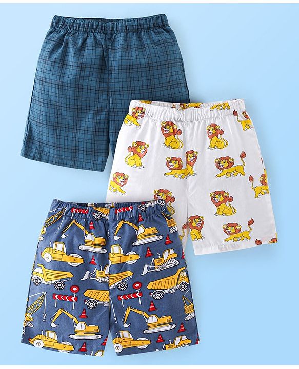 Babyhug Cotton Woven Boxers Print Lion & Text Print Pack of 3 - White & Blue