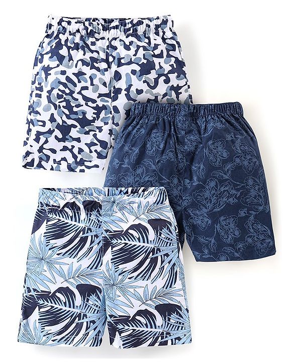 Babyhug Cotton Woven Boxers Camo & Leaf Print Pack Of 3- Blue & White
