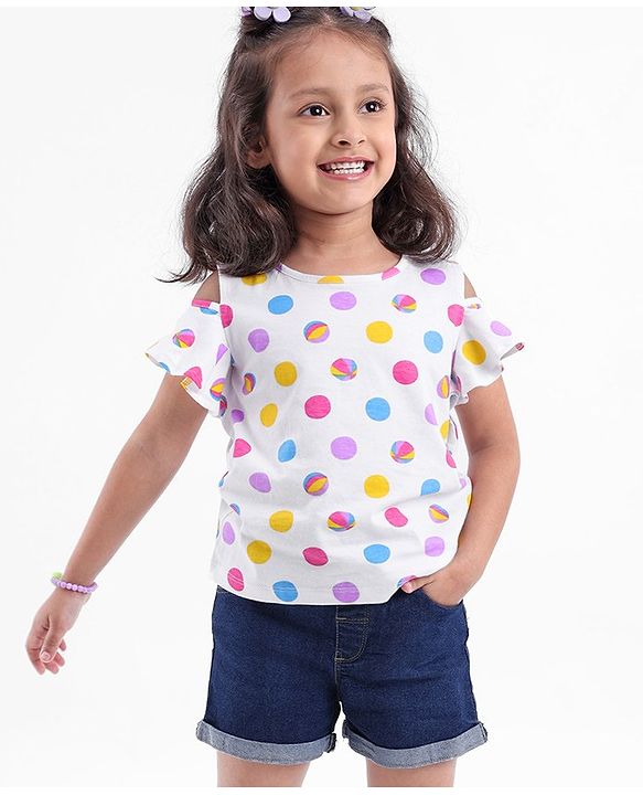 Babyhug 100% Cotton Sleeveless Cold Shoulder Top & Denim Shorts Ball Print - White & Blue