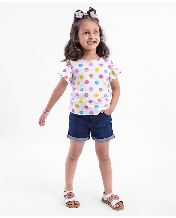 Babyhug 100% Cotton Sleeveless Cold Shoulder Top & Denim Shorts Ball Print - White & Blue