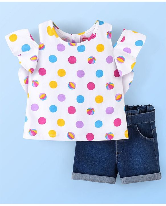 Babyhug 100% Cotton Sleeveless Cold Shoulder Top & Denim Shorts Ball Print - White & Blue