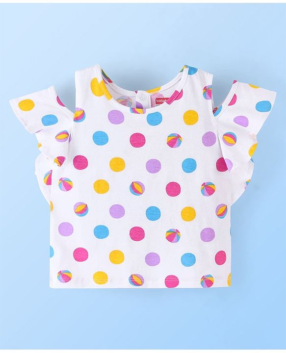 Babyhug 100% Cotton Sleeveless Cold Shoulder Top & Denim Shorts Ball Print - White & Blue