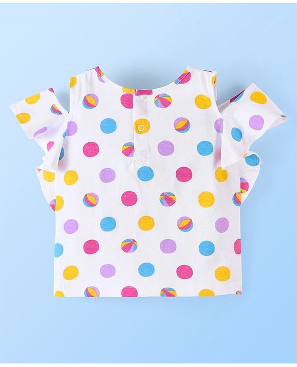 Babyhug 100% Cotton Sleeveless Cold Shoulder Top & Denim Shorts Ball Print - White & Blue