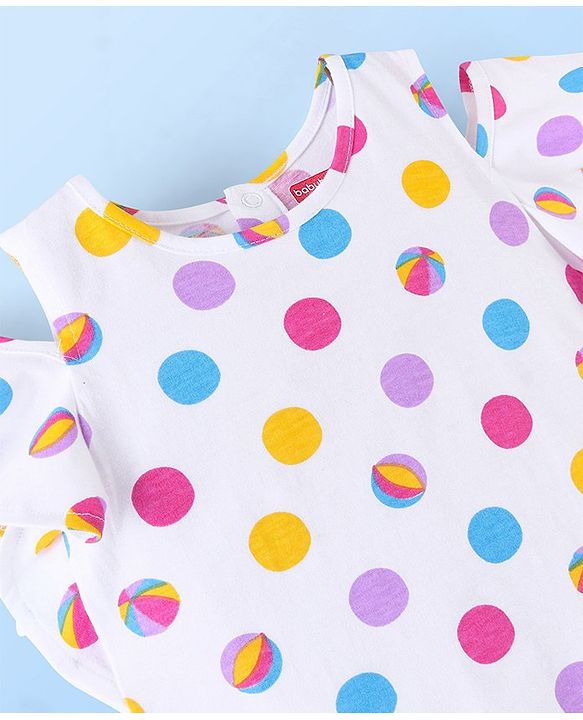 Babyhug 100% Cotton Sleeveless Cold Shoulder Top & Denim Shorts Ball Print - White & Blue