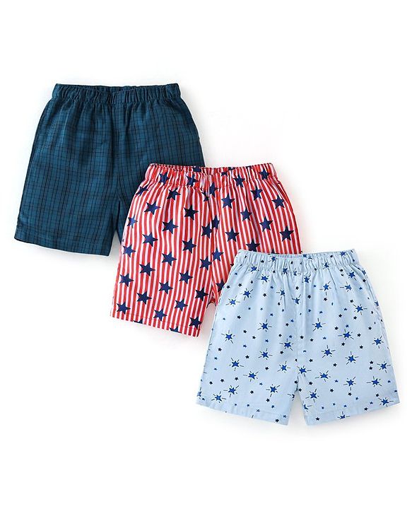 Babyhug Cotton Woven Boxers Star & Checks Print Pack Of 3- Blue & Red