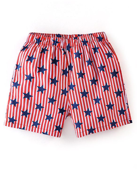 Babyhug Cotton Woven Boxers Star & Checks Print Pack Of 3- Blue & Red
