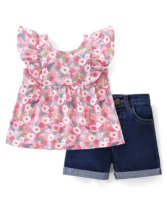 Babyhug 100% Cotton Knit Sleeveless Top and Denim Shorts Set Floral Print - Pink & Blue
