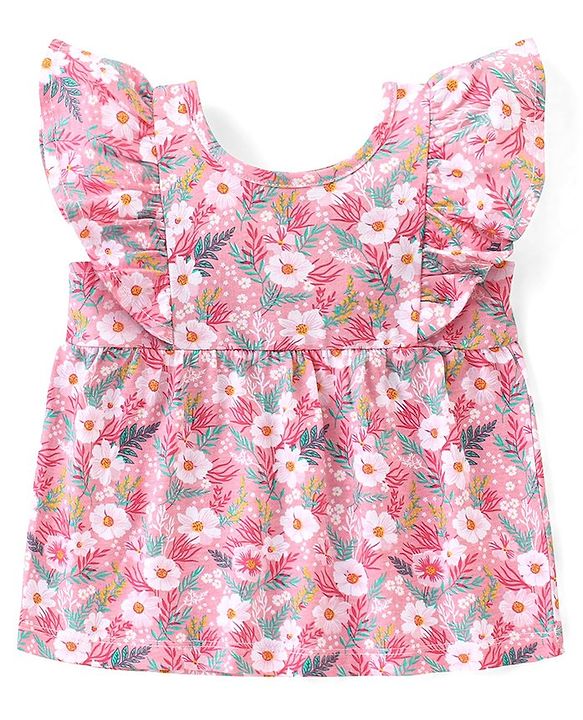 Babyhug 100% Cotton Knit Sleeveless Top and Denim Shorts Set Floral Print - Pink & Blue