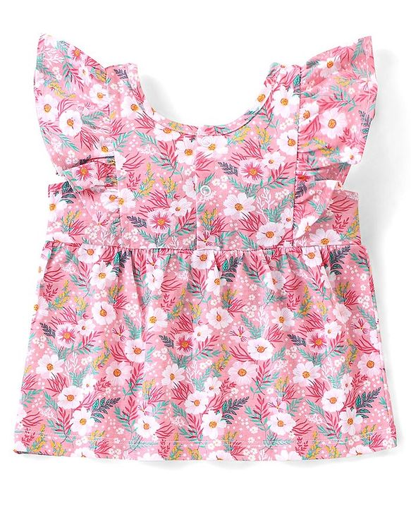 Babyhug 100% Cotton Knit Sleeveless Top and Denim Shorts Set Floral Print - Pink & Blue