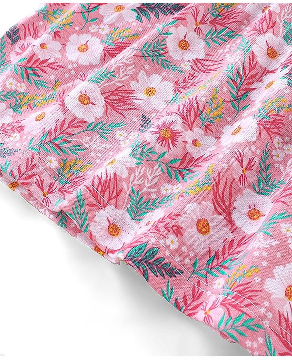 Babyhug 100% Cotton Knit Sleeveless Top and Denim Shorts Set Floral Print - Pink & Blue