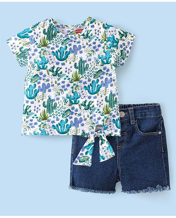Babyhug 100% Cotton Knit Half Sleeves Top and Denim Shorts Set Floral Print - White & Blue