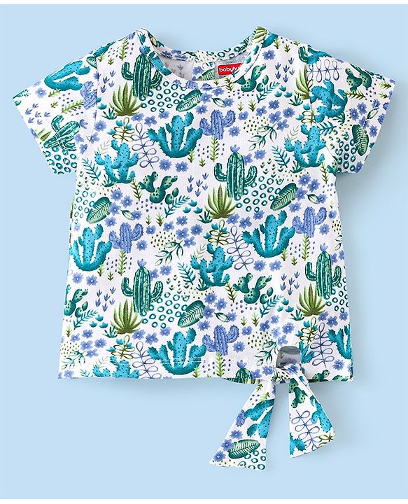 Babyhug 100% Cotton Knit Half Sleeves Top and Denim Shorts Set Floral Print - White & Blue