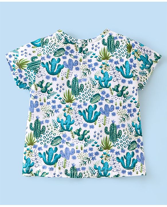 Babyhug 100% Cotton Knit Half Sleeves Top and Denim Shorts Set Floral Print - White & Blue