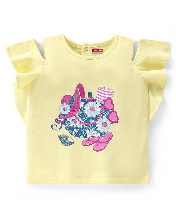 Babyhug 100% Cotton Knit Sleeveless Top and Denim Shorts Set Floral Print - Yellow & Blue
