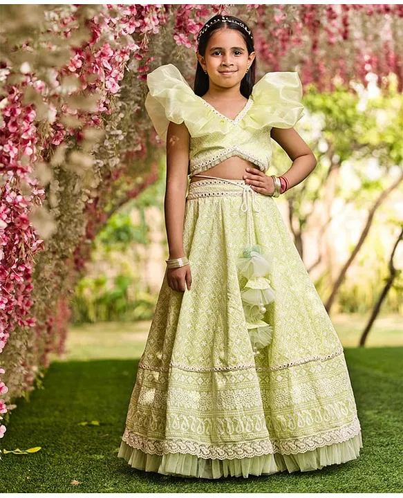 Titli - Green & Pink Pure Organza & Chiniya Silk Kids Stitched Lehenga –  Khinkhwab