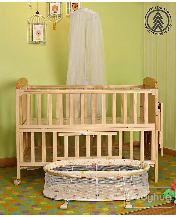 Babyhug Kelly Wooden Cot with Detachable Bassinet & Mosquito Net  Natural| Adjustable Height| Wheels for Easy Movement| Easy to Assemble| Foldable Side Rail| Foldable Table|  Storage Space