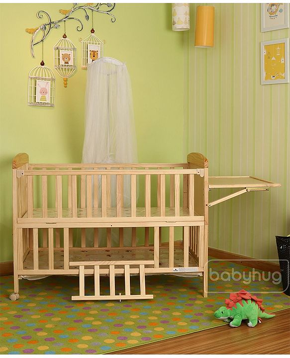 Babyhug Kelly Wooden Cot with Detachable Bassinet & Mosquito Net  Natural| Adjustable Height| Wheels for Easy Movement| Easy to Assemble| Foldable Side Rail| Foldable Table|  Storage Space