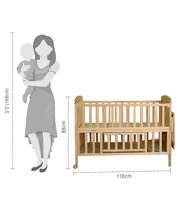 Babyhug Kelly Wooden Cot with Detachable Bassinet & Mosquito Net  Natural| Adjustable Height| Wheels for Easy Movement| Easy to Assemble| Foldable Side Rail| Foldable Table|  Storage Space