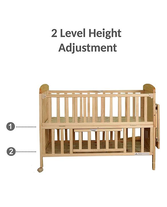 Babyhug Kelly Wooden Cot with Detachable Bassinet & Mosquito Net  Natural| Adjustable Height| Wheels for Easy Movement| Easy to Assemble| Foldable Side Rail| Foldable Table|  Storage Space
