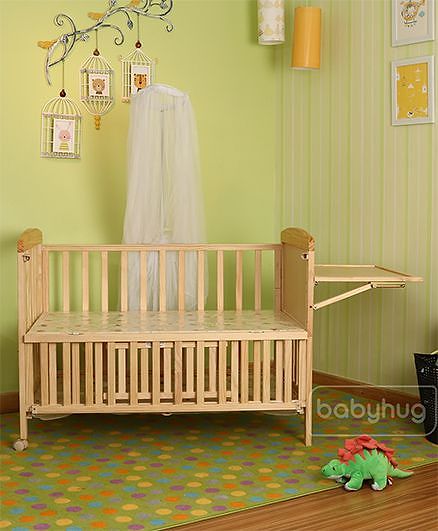 Babyhug Kelly Wooden Cot with Detachable Bassinet & Mosquito Net  Natural| Adjustable Height| Wheels for Easy Movement| Easy to Assemble| Foldable Side Rail| Foldable Table|  Storage Space