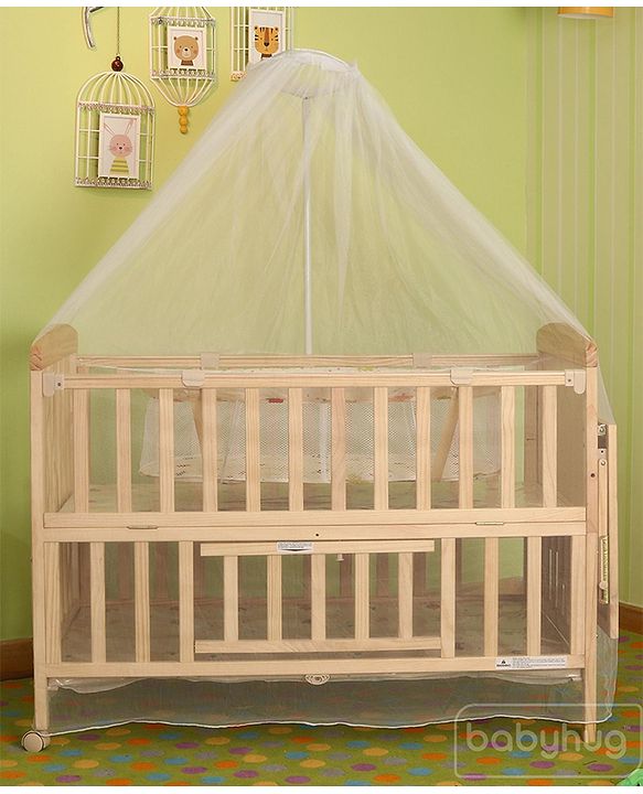 Babyhug Kelly Wooden Cot with Detachable Bassinet & Mosquito Net  Natural| Adjustable Height| Wheels for Easy Movement| Easy to Assemble| Foldable Side Rail| Foldable Table|  Storage Space