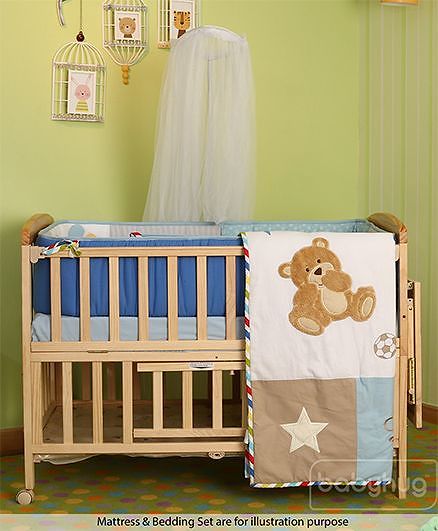 Babyhug Kelly Wooden Cot with Detachable Bassinet & Mosquito Net  Natural| Adjustable Height| Wheels for Easy Movement| Easy to Assemble| Foldable Side Rail| Foldable Table|  Storage Space