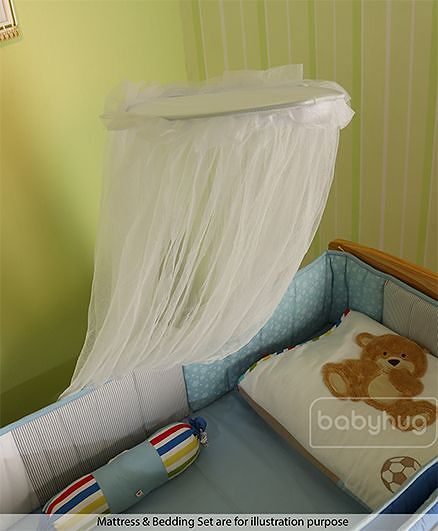 Babyhug Kelly Wooden Cot with Detachable Bassinet & Mosquito Net  Natural| Adjustable Height| Wheels for Easy Movement| Easy to Assemble| Foldable Side Rail| Foldable Table|  Storage Space