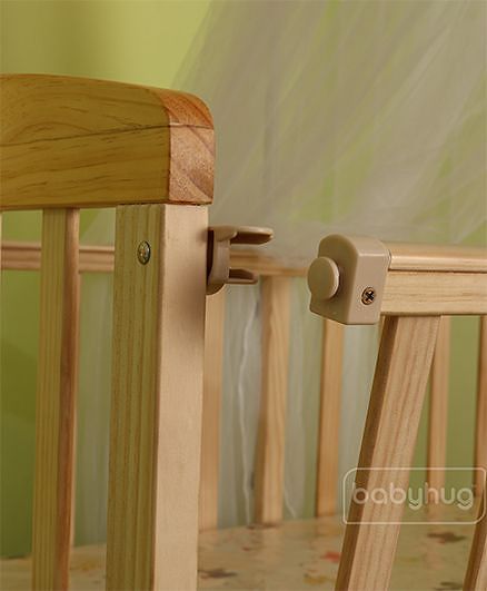 Babyhug Kelly Wooden Cot with Detachable Bassinet & Mosquito Net  Natural| Adjustable Height| Wheels for Easy Movement| Easy to Assemble| Foldable Side Rail| Foldable Table|  Storage Space