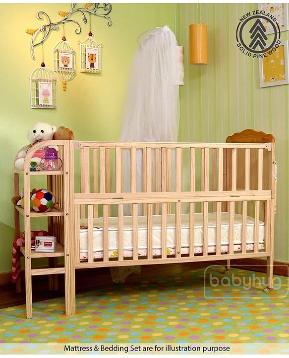 Babyhug Lily Wooden Cot with Detachable Bassinet & Side Shelf - Light Brown| Adjustable Height| Wheels for Easy Movement| Easy to Assemble| Mosquito Net| Foldable Side Rail|Extendable Head Board