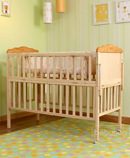 Babyhug Lily Wooden Cot with Detachable Bassinet & Side Shelf - Light Brown| Adjustable Height| Wheels for Easy Movement| Easy to Assemble| Mosquito Net| Foldable Side Rail|Extendable Head Board