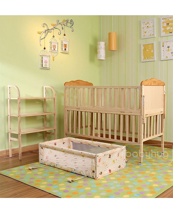 Babyhug Lily Wooden Cot with Detachable Bassinet & Side Shelf - Light Brown| Adjustable Height| Wheels for Easy Movement| Easy to Assemble| Mosquito Net| Foldable Side Rail|Extendable Head Board