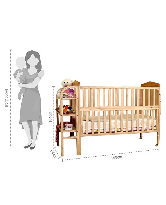 Babyhug Lily Wooden Cot with Detachable Bassinet & Side Shelf - Light Brown| Adjustable Height| Wheels for Easy Movement| Easy to Assemble| Mosquito Net| Foldable Side Rail|Extendable Head Board