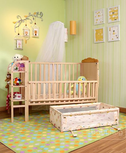 Babyhug Lily Wooden Cot with Detachable Bassinet & Side Shelf - Light Brown| Adjustable Height| Wheels for Easy Movement| Easy to Assemble| Mosquito Net| Foldable Side Rail|Extendable Head Board