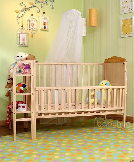 Babyhug Lily Wooden Cot with Detachable Bassinet & Side Shelf - Light Brown| Adjustable Height| Wheels for Easy Movement| Easy to Assemble| Mosquito Net| Foldable Side Rail|Extendable Head Board