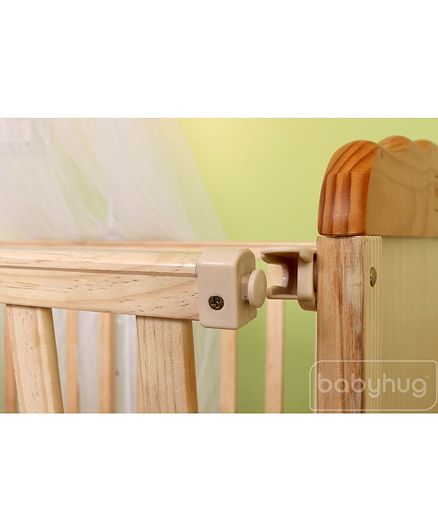 Babyhug Lily Wooden Cot with Detachable Bassinet & Side Shelf - Light Brown| Adjustable Height| Wheels for Easy Movement| Easy to Assemble| Mosquito Net| Foldable Side Rail|Extendable Head Board