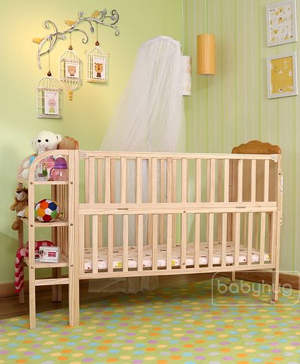 Babyhug Lily Wooden Cot with Detachable Bassinet & Side Shelf - Light Brown| Adjustable Height| Wheels for Easy Movement| Easy to Assemble| Mosquito Net| Foldable Side Rail|Extendable Head Board