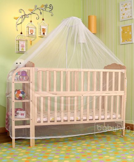 Babyhug Lily Wooden Cot with Detachable Bassinet & Side Shelf - Light Brown| Adjustable Height| Wheels for Easy Movement| Easy to Assemble| Mosquito Net| Foldable Side Rail|Extendable Head Board