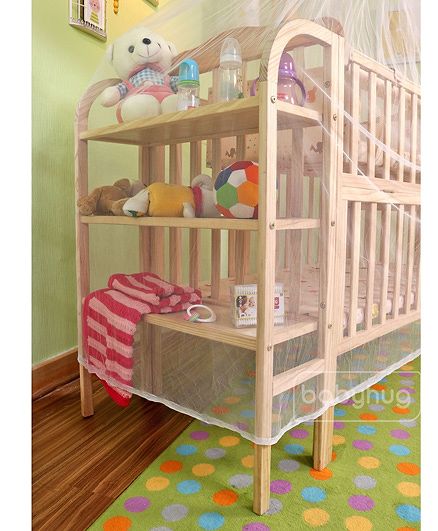 Babyhug Lily Wooden Cot with Detachable Bassinet & Side Shelf - Light Brown| Adjustable Height| Wheels for Easy Movement| Easy to Assemble| Mosquito Net| Foldable Side Rail|Extendable Head Board