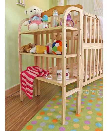 Babyhug Lily Wooden Cot with Detachable Bassinet & Side Shelf - Light Brown| Adjustable Height| Wheels for Easy Movement| Easy to Assemble| Mosquito Net| Foldable Side Rail|Extendable Head Board