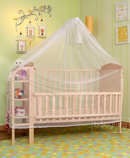 Babyhug Lily Wooden Cot with Detachable Bassinet & Side Shelf - Light Brown| Adjustable Height| Wheels for Easy Movement| Easy to Assemble| Mosquito Net| Foldable Side Rail|Extendable Head Board