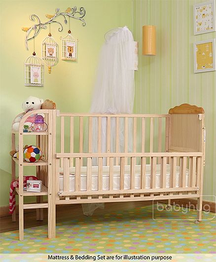 Babyhug Lily Wooden Cot with Detachable Bassinet & Side Shelf - Light Brown| Adjustable Height| Wheels for Easy Movement| Easy to Assemble| Mosquito Net| Foldable Side Rail|Extendable Head Board