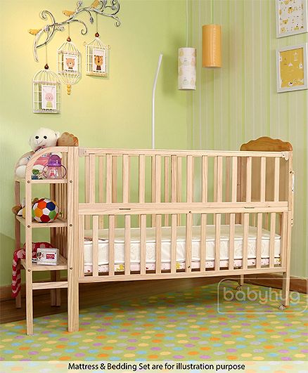 Babyhug Lily Wooden Cot with Detachable Bassinet & Side Shelf - Light Brown| Adjustable Height| Wheels for Easy Movement| Easy to Assemble| Mosquito Net| Foldable Side Rail|Extendable Head Board