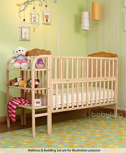 Babyhug Lily Wooden Cot with Detachable Bassinet & Side Shelf - Light Brown| Adjustable Height| Wheels for Easy Movement| Easy to Assemble| Mosquito Net| Foldable Side Rail|Extendable Head Board