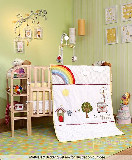 Babyhug Lily Wooden Cot with Detachable Bassinet & Side Shelf - Light Brown| Adjustable Height| Wheels for Easy Movement| Easy to Assemble| Mosquito Net| Foldable Side Rail|Extendable Head Board