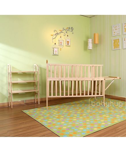 Babyhug Lily Wooden Cot with Detachable Bassinet & Side Shelf - Light Brown| Adjustable Height| Wheels for Easy Movement| Easy to Assemble| Mosquito Net| Foldable Side Rail|Extendable Head Board