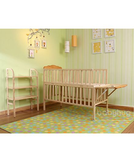 Babyhug Lily Wooden Cot with Detachable Bassinet & Side Shelf - Light Brown| Adjustable Height| Wheels for Easy Movement| Easy to Assemble| Mosquito Net| Foldable Side Rail|Extendable Head Board