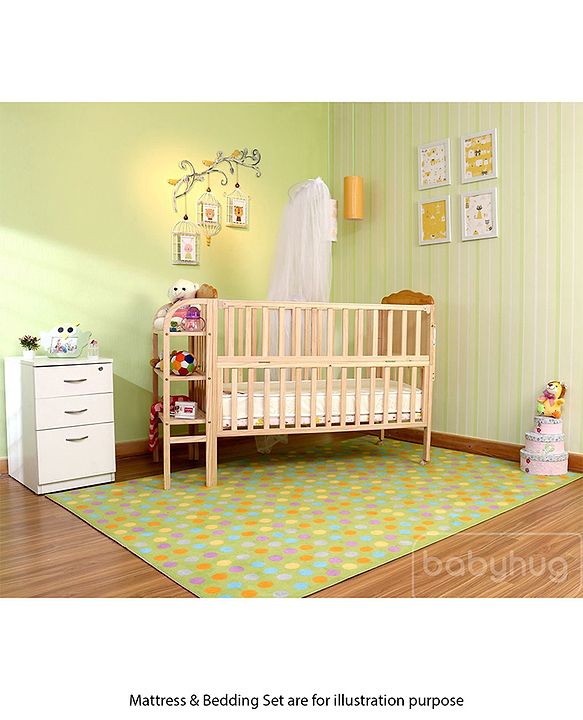 Babyhug Lily Wooden Cot with Detachable Bassinet & Side Shelf - Light Brown| Adjustable Height| Wheels for Easy Movement| Easy to Assemble| Mosquito Net| Foldable Side Rail|Extendable Head Board