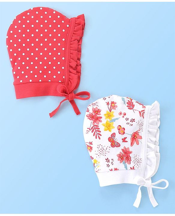 Babyhug 100% Cotton Tie Knot Caps Polka Dots & Butterfly Printed - White & Pink