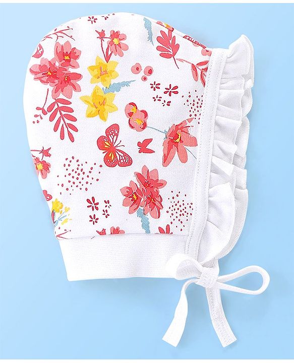 Babyhug 100% Cotton Tie Knot Caps Polka Dots & Butterfly Printed - White & Pink